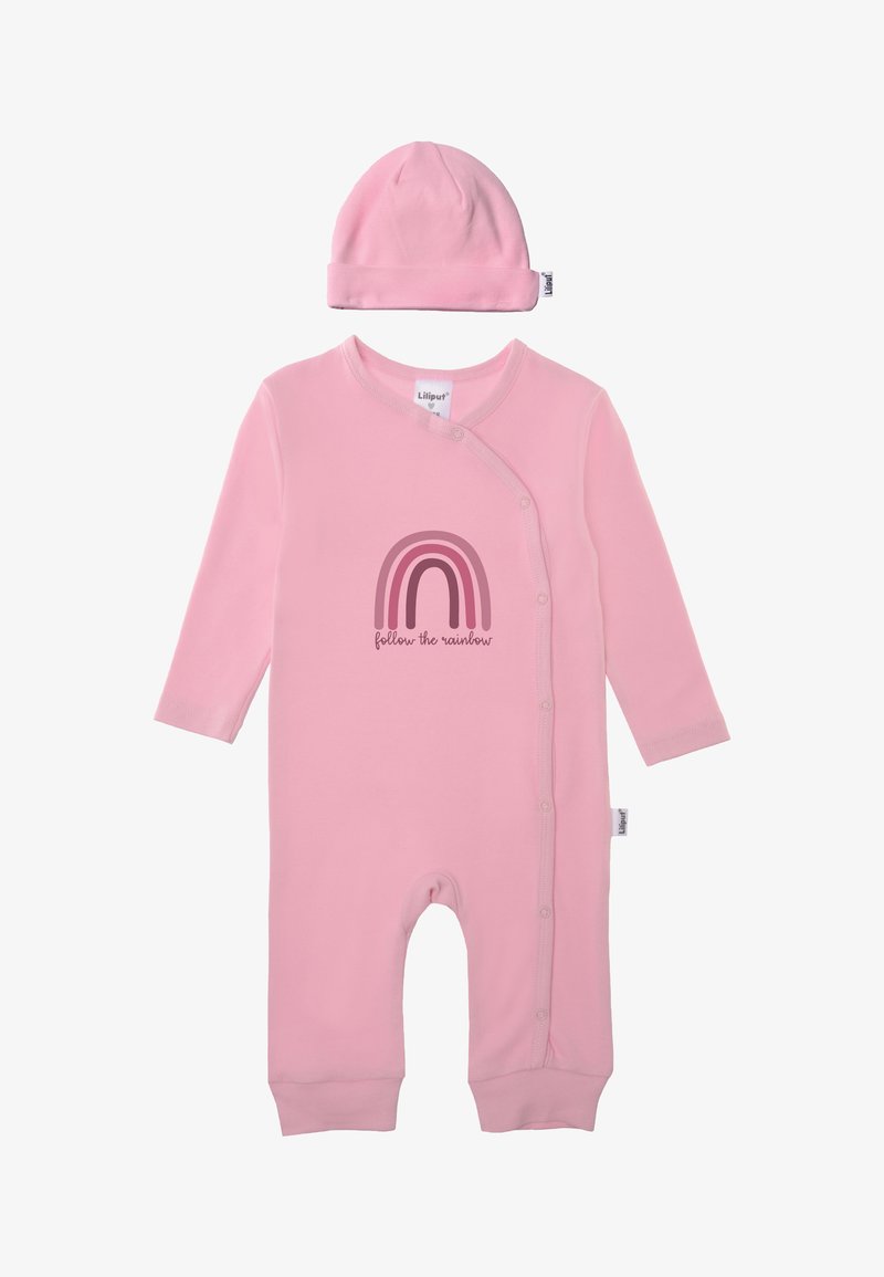 Rosa Baby-Overall mit langen Ärmeln, Druckknopfverschluss, mit einem Regenbogenmotiv und dem Text "folge dem Regenbogen". Inklusive passender Mütze.