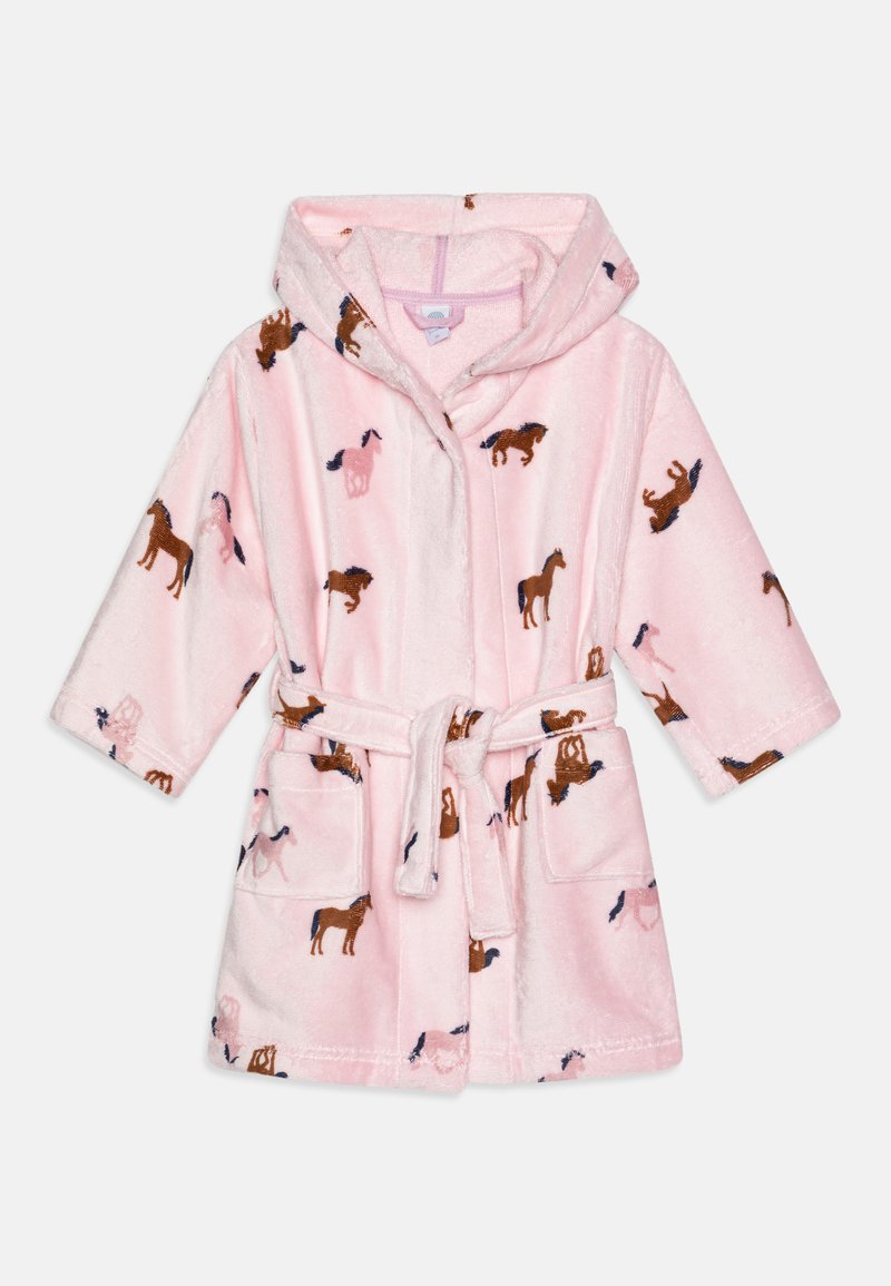 Accappatoio in morbido fleece rosa con cappuccio, chiusura frontale a fiocco e due tasche. Decorato con motivi di cavalli in vari colori.