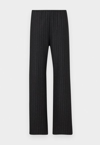 Black, wide-leg trousers with a textured fabric. Features thin brown vertical stripes, an elastic waistband, and a smooth finish.