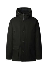 Crna zimska jakna s kapuljačom, prednjim zatvaračem i gumbima, dva džepa s patentnim zatvaračem na prsima i dva džepa s preklopom na dnu.