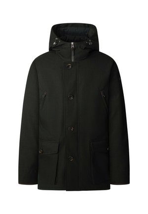 Giacca invernale nera con cappuccio, chiusura frontale con zip e bottoni, due tasche zippate sul petto e due tasche con pattina nella parte inferiore.