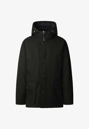 Chaqueta de invierno negra con capucha, cierre frontal de cremallera y botones, dos bolsillos con cremallera en el pecho y dos bolsillos de solapa en la parte inferior.