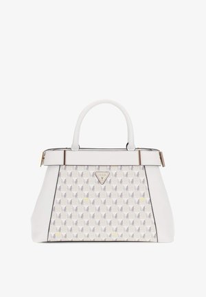 Sac à main structuré blanc avec un motif géométrique, matériel doré, double anses et un accent de logo en métal à l'avant.