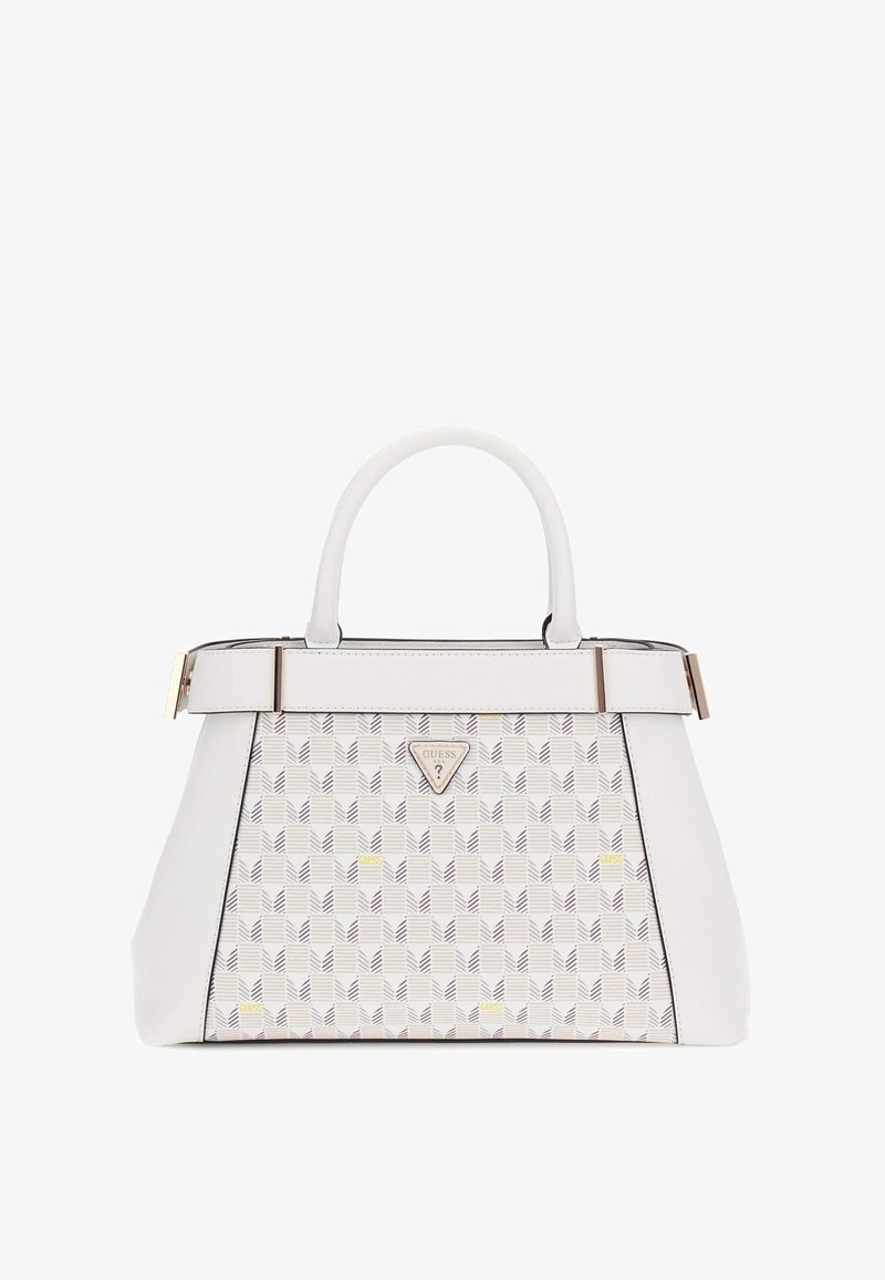 Fehér, strukturált kézitáska geometrikus mintával, arany színű fém kiegészítőkkel, dupla fogantyúval és fém logóval az elején.
