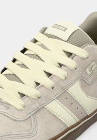 Baskets en daim gris et crème avec un col rembourré, des lacets crème et une semelle en caoutchouc marron avec un logo détaillé.