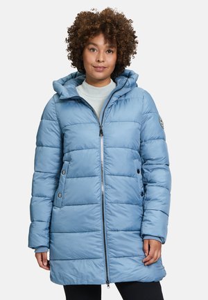 Light blue puffer coat with a zip front, hood, and snap button accents. Features quilted texture and long sleeves.
