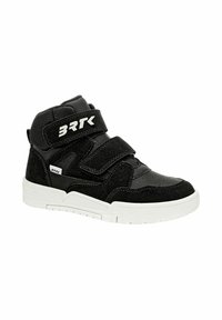 Baskets montantes noires en suède et matériaux synthétiques, avec deux sangles Velcro et une semelle en caoutchouc blanc. Accentué avec le logo "BRTK".