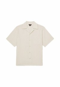 Cămașă cu mânecă scurtă dintr-un material bej deschis cu dungi verticale. Dispune de un guler și un buzunar frontal. Design cu închidere cu nasturi.