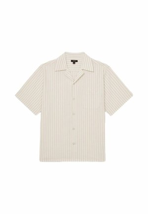 Šviesiai kreminės spalvos trumpomis rankovėmis marškiniai su vertikaliomis juostelėmis. Yra apykaklės iškirptė ir kišenė priekyje. Užsagstomi.