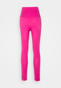 Leggings sportivi aderenti in tessuto rosa brillante, con una vita alta e una texture liscia e elastica. Senza motivi o accenti visibili.