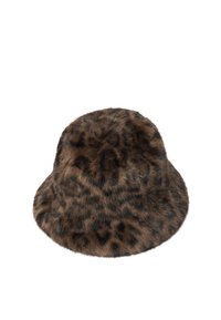 Kapelusz typu bucket z imitacji futra w kolorze brązowym z czarnymi cętkami w stylu lamparta. Zaokrąglona góra, miękka faktura i szeroki, luźny rondo dla komfortowego dopasowania.
