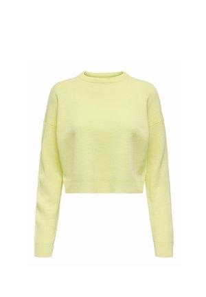 Pull court en jaune pâle, avec un col rond et des manches longues, fabriqué en tissu tricoté texturé avec des poignets et un ourlet côtelés.