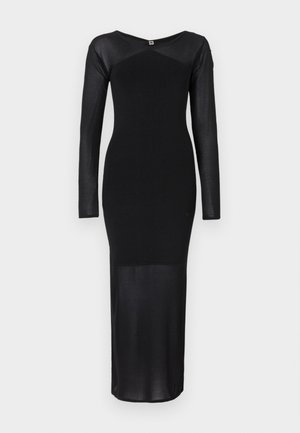 Zwarte jurk met lange mouwen, gemaakt van een gladde, soepele stof. Aansluitende lijfje met een rechte silhouet en een enkel-lange zoom. Minimalistisch ontwerp.