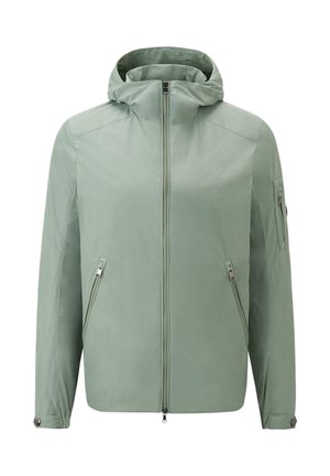 Veste à capuche vert clair en matériau lisse et léger. Comprend une fermeture éclair à l'avant, deux poches latérales et une poche zippée supplémentaire sur la manche.