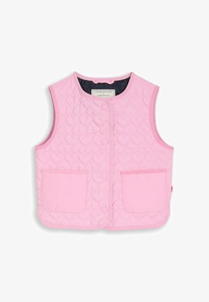 Veste matelassée sans manches de couleur rose clair avec des boutons-pression, motif de coutures en forme de cœur, deux poches avant, et un col rond.
