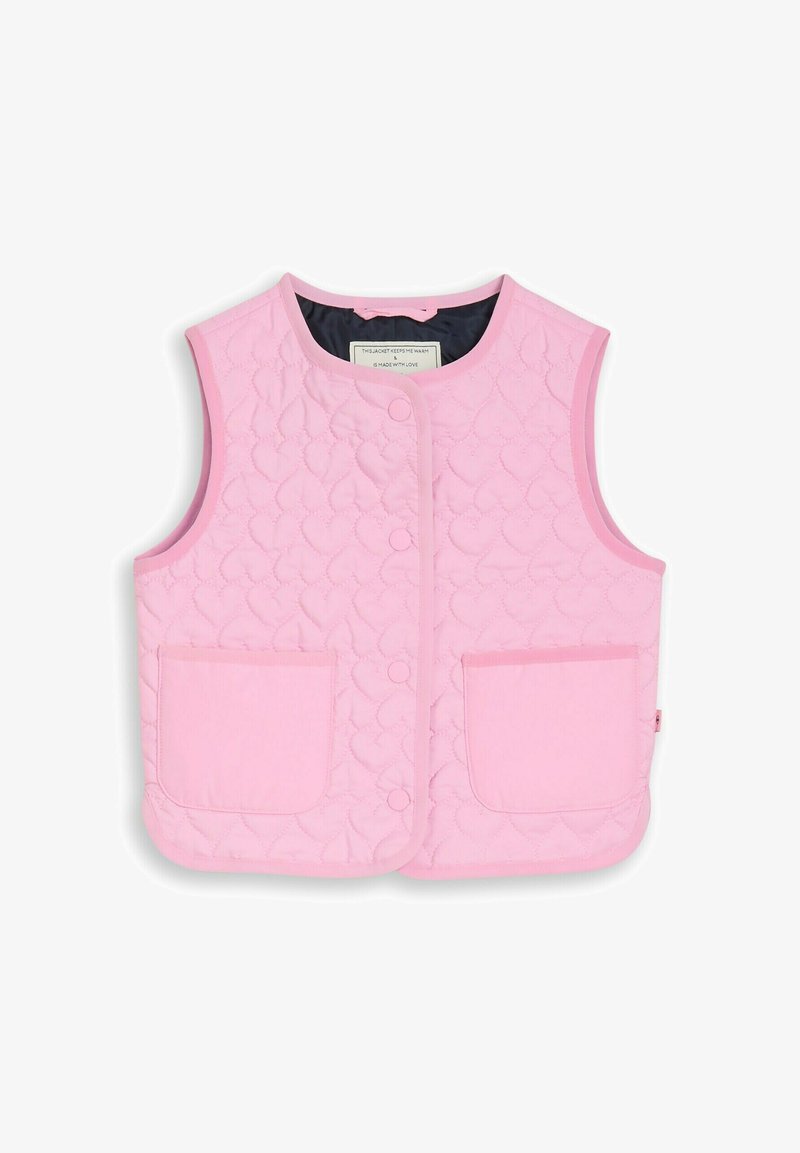 Veste matelassée sans manches de couleur rose clair avec des boutons-pression, motif de coutures en forme de cœur, deux poches avant, et un col rond.