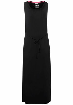 Schwarzes ärmelloses Kleid mit rundem Ausschnitt und einem Bindegürtel in der Taille, mit einer glatten Textur und einer einfachen, geraden Silhouette.