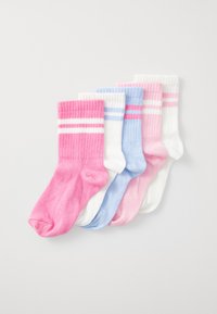 Fünf Paar gerippte Crew-Socken in Pink, Hellblau und Weiß, mit Streifen am Bund. Weicher Stoff mit einer engen Passform.