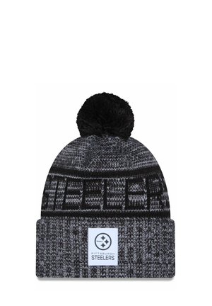 Berretto lavorato a maglia in nero e grigio con un pompon sopra, caratterizzato da un motivo testurizzato e una patch logo bianca per i Pittsburgh Steelers.