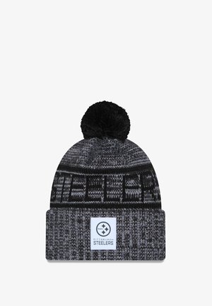 Knitted beanie in black and grey with a pom-pom on top, featuring a textured pattern and a white logo patch for Pittsburgh Steelers.