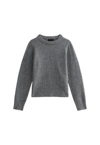 Maglione grigio in lana con collo alto a coste, maniche lunghe e design cropped. Texture morbida con un motivo a maglia sottile e uniforme.