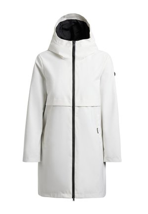Manteau blanc à capuche, longueur genou, avec doublure intérieure noire, manches longues et fermeture éclair centrale noire.