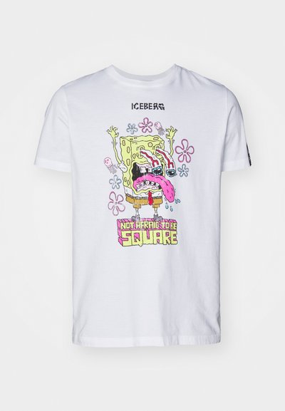White cotton t-shirt featuring a colorful SpongeBob graphic with text "NOT AFRAID TO BE SQUARE," floral accents, and short sleeves.