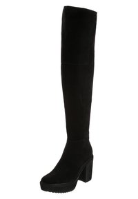 Botas negras por encima de la rodilla, hechas de suave ante, con una suela de plataforma y un tacón grueso, con detalles de costura mínimos.