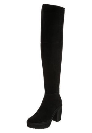 Bottes noires au-dessus du genou en daim doux, avec une semelle plateforme et un talon épais, présentant des détails de couture minimes.