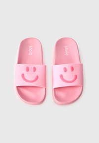 Ροζ σαγιονάρες από καουτσούκ, με φαρδύ λουράκι που έχει ένα χαμογελαστό πρόσωπο και υφή στο πέλμα. Το λογότυπο «Molo» είναι τυπωμένο στο πλάι.