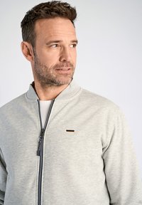 Giacca zip grigia chiara con colletto alto, caratterizzata da una piccola striscia orizzontale decorativa e una cerniera di colore contrastante. Tessuto morbido, vestibilità casual.