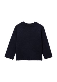 Pull bleu marine en maille avec manches raglan, col et poignets côtelés, texture douce, et un design simple et uni sans motifs.