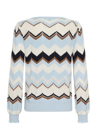 Pull en tricot à manches longues avec des motifs en zigzag dans des tons de bleu clair, blanc, marron et noir, présentant des poignets et un ourlet côtelés.