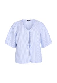 Light blue and white striped blouse with short puff sleeves, deep V-neck, and tied front closure. Soft fabric, relaxed fit.