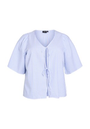 Light blue and white striped blouse with short puff sleeves, deep V-neck, and tied front closure. Soft fabric, relaxed fit.