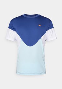 Herren-T-Shirt mit einem blauen Oberteil, weißen Ärmeln und einem hellblauen unteren Bereich. Weicher Stoff mit einem kleinen Logo auf der Brust.