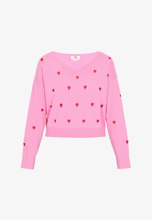Rózsaszín, kötött pulóver V-nyakkal és hosszú ujjakkal, elosztott piros szívmintákkal. Bordás szegély és mandzsetták.