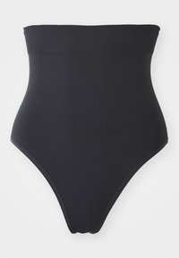 Høytlivs svart shaping undertøy laget av glatt, elastisk stoff. Har et bredt elastisk midjebånd og en sømløs design for komfort.