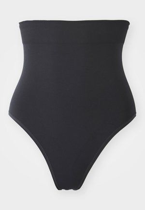 Shapewear noir taille haute en tissu lisse et extensible. Comprend une large ceinture élastique et une conception sans coutures pour plus de confort.