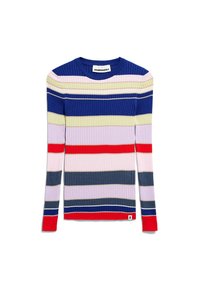 Ribbad långärmad tröja med horisontella ränder i marinblått, rött, rosa, lila, grått och beige. Rundad halsringning med varumärkesetikett inuti.
