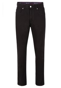 Czarne bawełniane spodnie o prostym kroju, pięcioma kieszeniami i zapięciem na guzik. Posiadają materiałowy pas z logo i gładką teksturę.