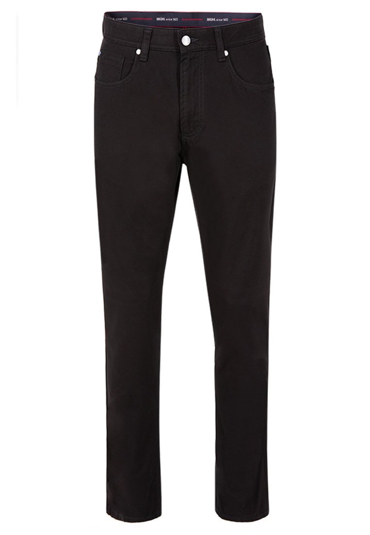 Czarne bawełniane spodnie o prostym kroju, pięcioma kieszeniami i zapięciem na guzik. Posiadają materiałowy pas z logo i gładką teksturę.