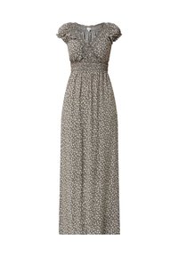 Maxikleid mit kurzen Puffärmeln, gerafftem Oberteil, floralen Muster in Beige und Grau, leichtem Stoff und fließender Silhouette.