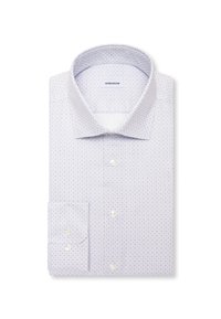 Chemise blanche pliée avec un motif géométrique subtil, devant boutonné et col ouvert, portant l’étiquette Seidensticker.