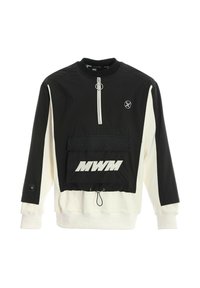 Sudadera de gran tamaño en blanco y negro con cuello alto, cremallera frontal, bolsillo texturizado y en la cintura un atrevido lettering "MWM".