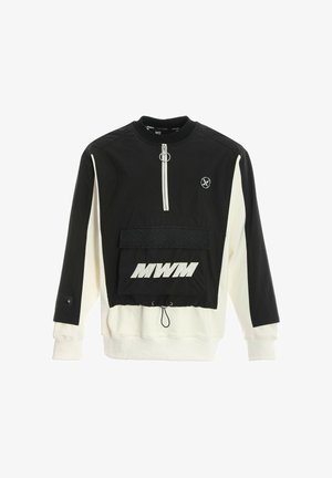 Sudadera de gran tamaño en blanco y negro con cuello alto, cremallera frontal, bolsillo texturizado y en la cintura un atrevido lettering "MWM".