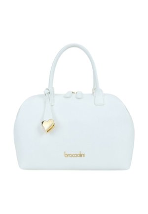 Witte leren handtas met afgeronde vorm, dubbele handvatten, gouden harthanger en gouden "braccialini" logo aan de voorkant.