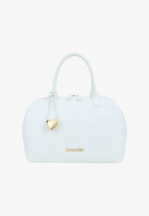 Witte leren handtas met afgeronde vorm, dubbele handvatten, gouden harthanger en gouden "braccialini" logo aan de voorkant.