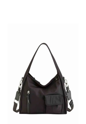 Bolso de hombro negro de nylon con asa principal, correa desmontable, bolsillo delantero con cremallera y bolsillo con solapa.