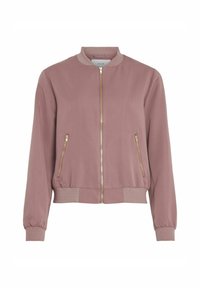 Mauve bomber jacket with front gold zipper, two zippered side pockets, ribbed collar, cuffs, and waistband.